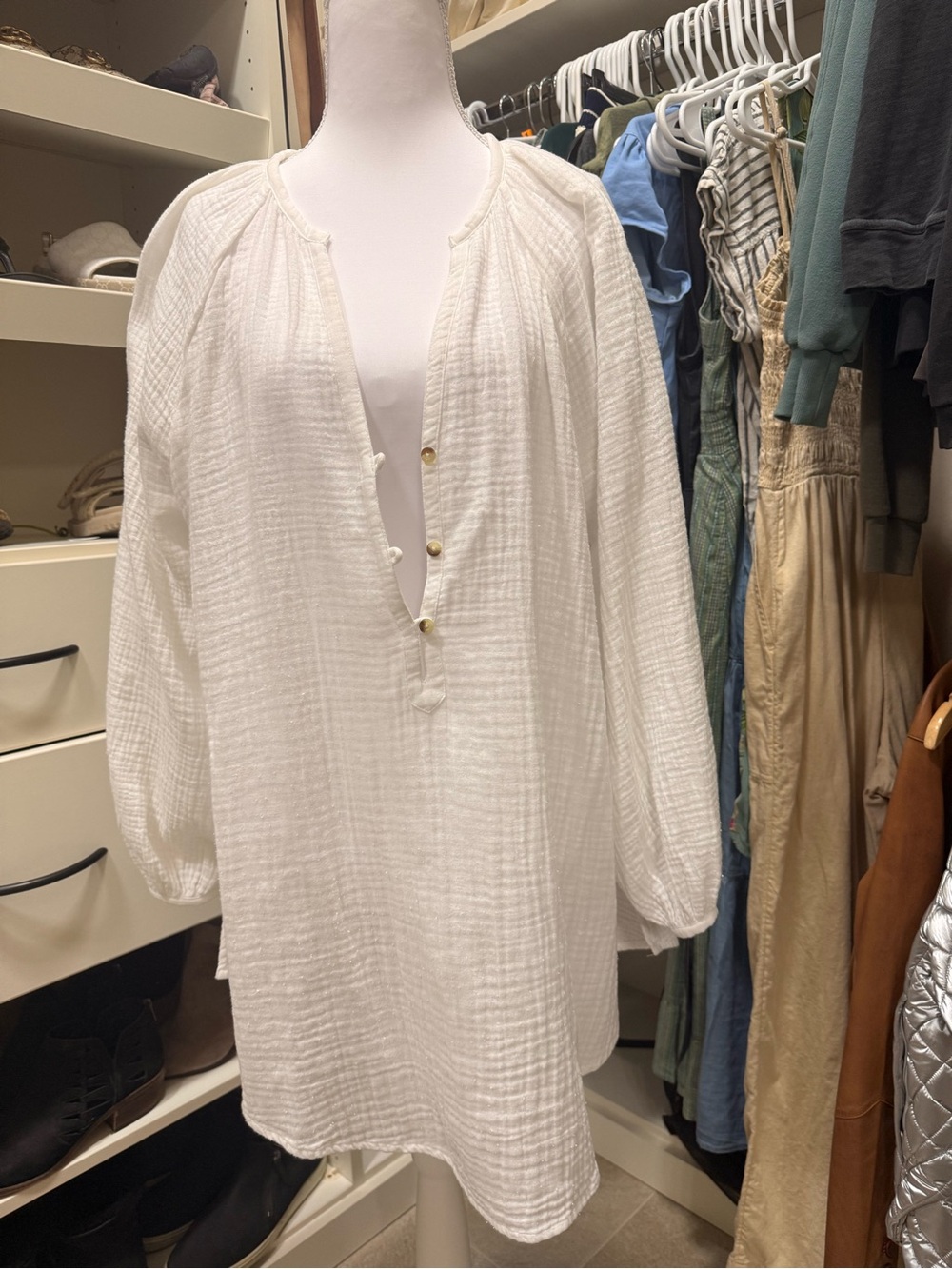 O'Neill White Gauze Tunic Top with Gold Buttons